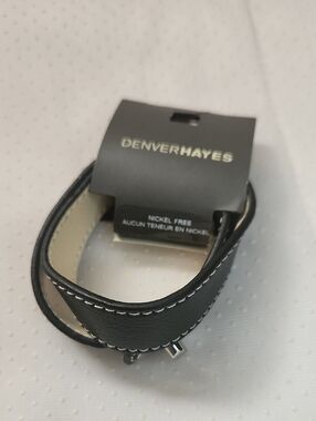 Denver Hayes Black Leather Double-Wrap Bracelet with White Stitching